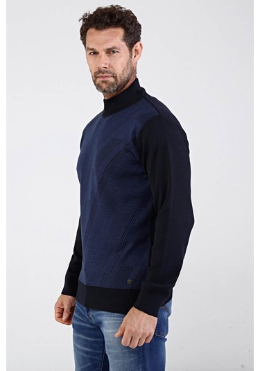 Çizgi Triko Erkek Çelik Örgü Yarım Balıkçı Triko Kazak 4609B Laci Lacivert