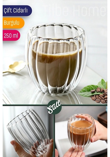 3'lü Çift Cidarlı Burgulu Kristal Cam Bardağı Çay Süt Kahve Kupası Sıcak & Soğuk Retro Bardak Seti