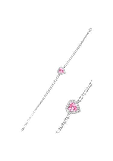 Gümüş Rodyumlu Pembe Taşlı Pırlanta Modeli Kalp Kolye, Küpe, Bileklik Üçlü Set