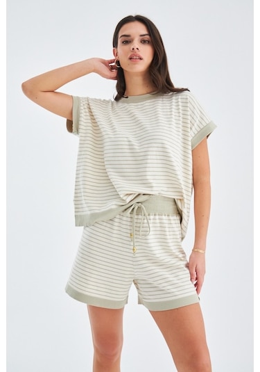 Peraluna Vera Blouse & Shorts Pamuklu Yazlık Kadın Triko Şort Tak Ekru