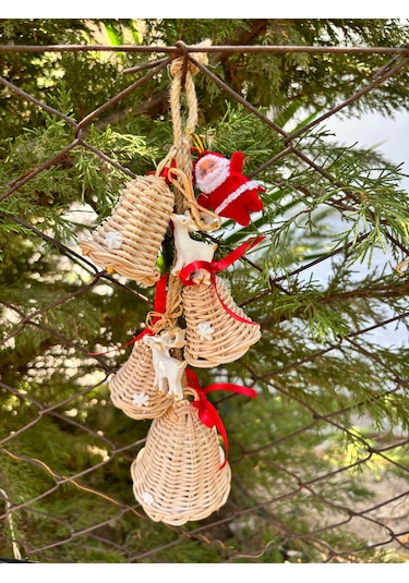 Bambu 4'lü Noel Çanı,geyik Noel Baba Arajmanlı Kapı Duvar Dekoru 33cm