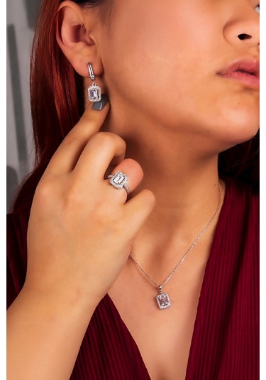 925 Ayar Gümüş Rodyumlu Baget Taşlı Bayan Takı Seti