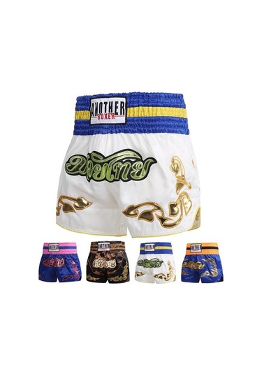 Kraliyet Mavisi Muay Thai Boks Şort Çocuklar Yetişkin Kadın Erkek Eğitim Mücadele Kickboks Sandıklar Geniş Elastik Kemer Nakış Desen Boks Şort Mavi