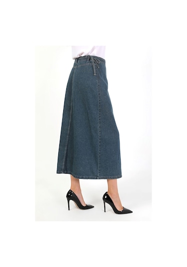 Yandan Bağlamalı Denim Etek- Mavi Mavi