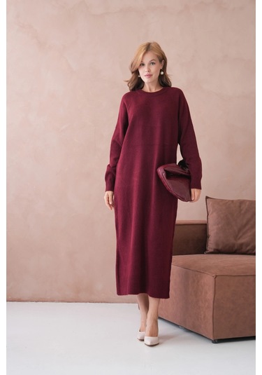 Kadın Bisiklet Yaka Yumuşak Dokulu Maksi Boy Şardonlu Oversize Triko Elbise 8324sw Bordo