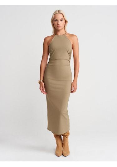 Dilvin 91518 Halter Yaka Midi Elbise-çağla Çağla
