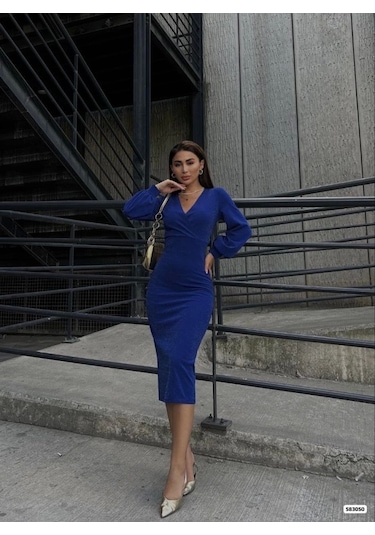 Kadın Kruvaze Yaka Balon Kol Simli Krep Kumaş Midi Boy Elbise Saks