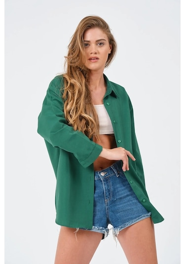 Kadın Koyu Yeşil Oversize Uzun Basic Gömlek Koyu Yeşil