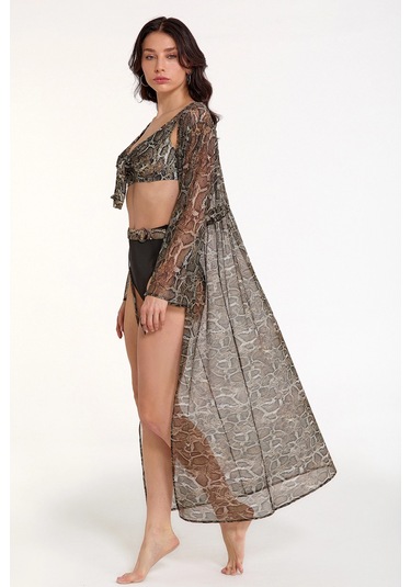 Kocabey 2106-3026 Kadın Önü Açık Uzun Kaftan Desenli