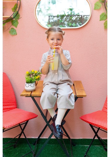 Oliventhekid Yakalı Pileli Kız Çocuk Tulum Bej Bej