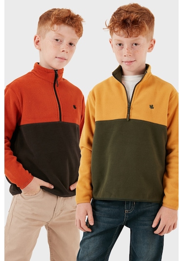 Lela Yumuşak Dokulu Yarım Fermuarlı Renk Bloklu Dik Yaka 2'Li Paket Çocuk Polar 5905004S2 Hardal Haki-Orange Antrasit