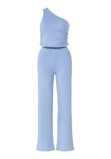 Tek Omuzlu & Gofre Dokulu İkili Takım Bebe Mavisi