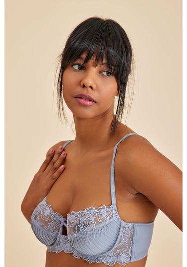 Paris Gri Mavi Balenli Dantelli Dolgusuz Toparlayıcı Balkonet Sütyen Mavi