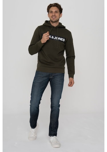 Jack & Jones Erkek Logo Baskili Kapüsonlu Sweatshirt - Minder 12214643 Forest Night Koyu Yeşil