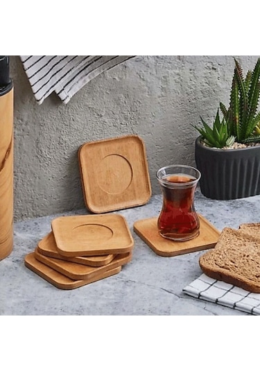 6 Lı Bambu Kare Çay Tabağı Seti 10x10 Cm Doğal Ahşap Görünümlü Servis Tabakları Ahşap