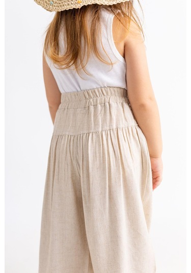 Oliventhekid Korsajlı Büzgülü Keten Kız Çocuk Pantolon Bej Bej