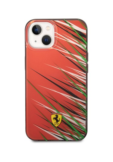 İphone Uyumlu 14 Kılıf Ferrari Lisanslı Baskı Logolu Çimen Desenli Kapak Kırmızı