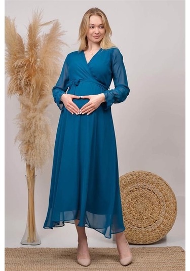 Kadın Yeni Sezon Kruvaze Yaka Şifon Hamile Elbise Hml003 Petrol Mavisi