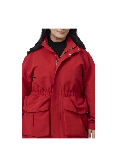 Büyük Beden Çıtçıt Ve Fermuar Kapamalı Beli Büzgülü Astarlı Kırmızı Trençkot Kırmızı