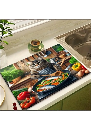 55 Cm X 45 Cm Kedi Şef Tasarımı Tezgah Üstü Bulaşık Kurutma Matı Bulaşıklık Kurutma Örtüsü Çok Renkli