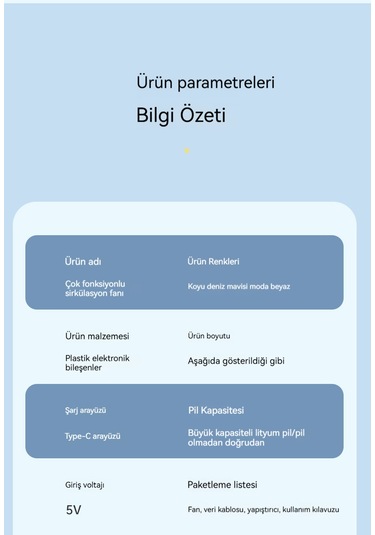 Usb Çok Fonksiyonlu Katlanır Sirkülasyonlu Elektrikli Fan Mavi