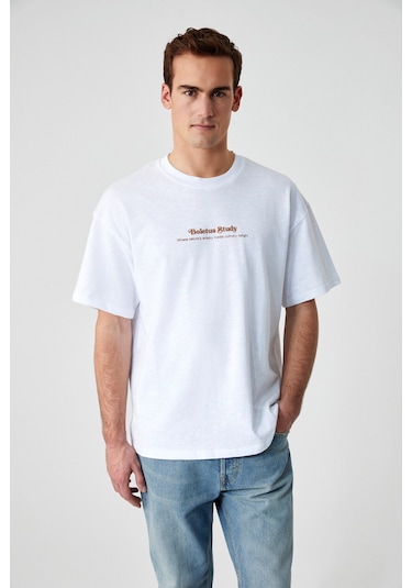 BOLETUS Erkek Baskı Detaylı %100 Organik Pamuk Oversize Bisiklet Yaka Kısa Kol Beyaz T-Shirt