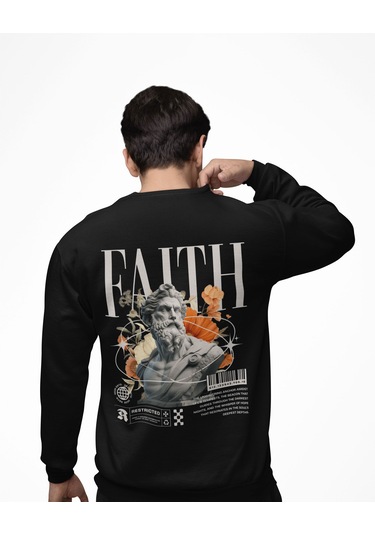 Baskılı Unisex, Sıfır Yaka Regular Sweatshirt Siyah