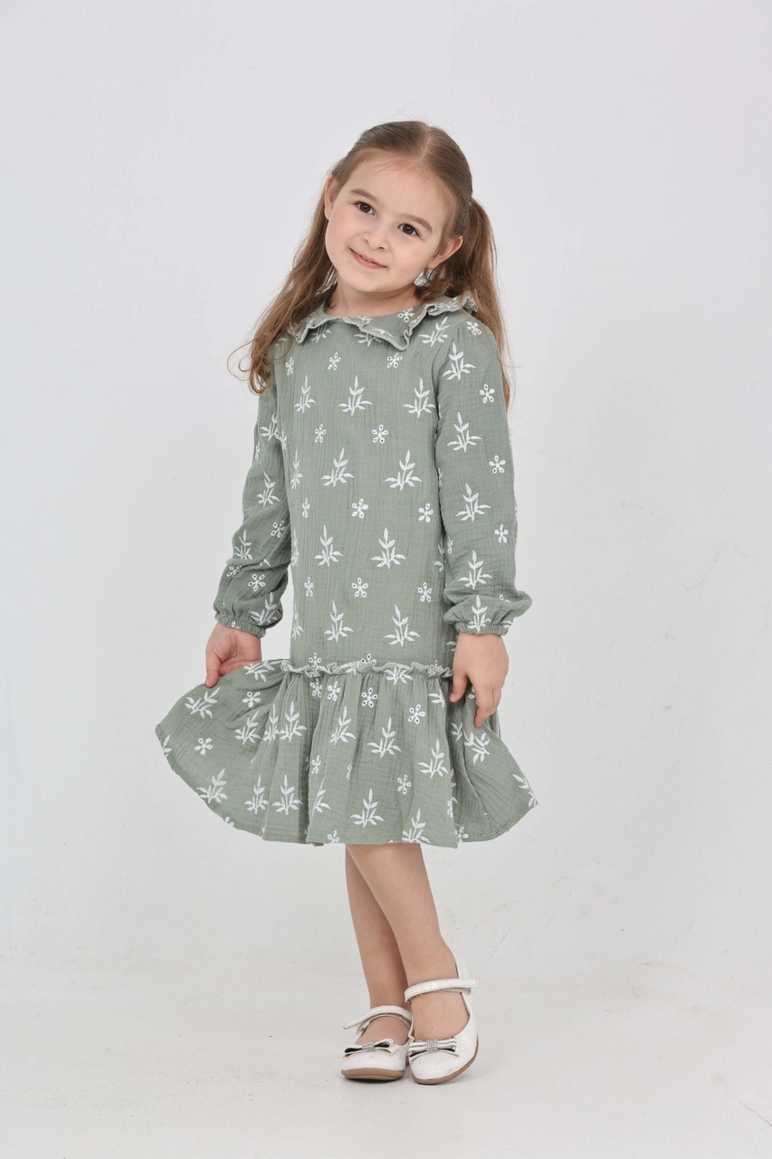 Toontoy Kız Çocuk Çiçek Nakışlı Bebe Yaka Elbise Açık Yeşil