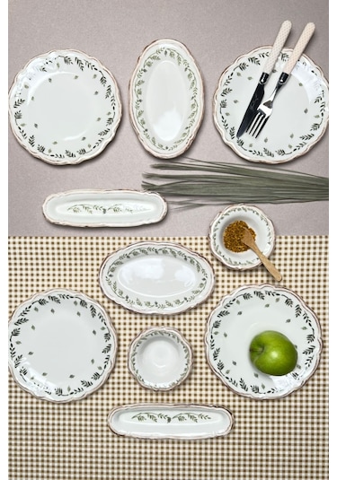 Tabak Evi Stoneware Flower Green Kahvaltı Takımı 6 Kişilik 14 Prç Beyaz - Yeşil