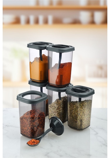 6 Lı Kendinden Kaşıklı Tuzluk & Baharatlık Seti 350 Ml. Gri