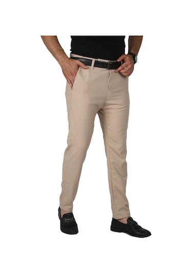 Deepsea Erkek Bej İtalyan Kesim Tüylenmez Likralı Spor Pantolon Esnek Kumaş Bilek Boy Boru Paça Klasik Pantolon 2502005 Bej