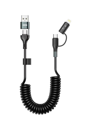 Go-Des GD-UC805 4in1 60W  1.8 M Type-C+USB-A To Type-C+Lightning Sarmal PD Şarj ve Data Kablosu Siyah