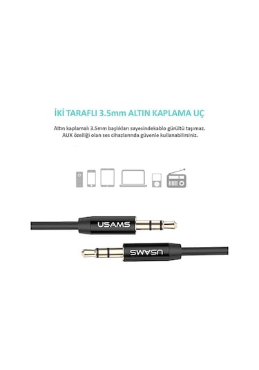 Yp01 3.5 Mm Güçlendirilmiş Ultra Dayanıklı Aux Ses Kablosu 1mt