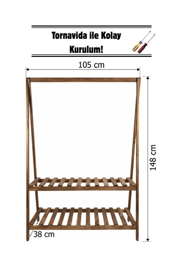 Konfeksiyon Elbise Askılık İki Raflı 148 105 Cm Kahverengi