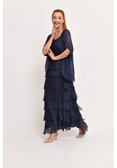 İtalyan 2 Beden İnce Gösteren Yarım Kol Kat Kat Ipek Elbise Lacivert