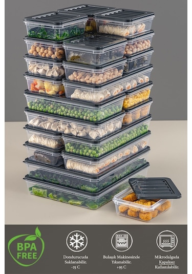 Meleni Home 24 Parça Mikrodalga Uyumlu Saklama Kabı 2x2400 ML 4x1200 ML 6x1170 ML 12x600 ML Antrasit