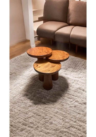 Masif Doğal Ahşap Mantar Sehpa 3 Lü Set Meşe Renk Zigon