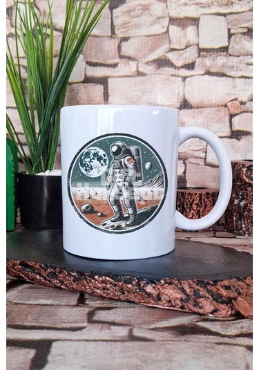 Retro Astronot Baskılı Klasik Uzay Adamı Vintage Bilim Hediye Baskılı Kupa Bardak Beyaz