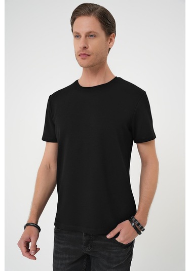 Comfort Fit Bisiklet Yaka Esnek Pamuk Casual Siyah Tişört Ts 885 Siyah