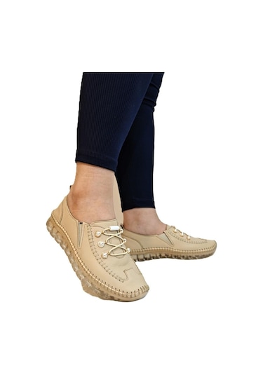Voyager 9871 Bej Hakiki Deri Boncuklu Bayan Ayakkabı Bej