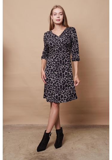 Kadın Hafif Likralı Yumuşak Dokulu Kumaş V Yaka Önü Düğümlü Eteği Volanlı Uzun Kol Diz Boy Elbise-lacivert Desen Lacivert D.