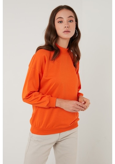 Lela Pamuklu Dik Yaka Basic Örme Bayan Sweat 5863323 Oranj