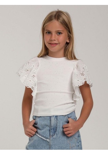 Kız Çocuk Pamuklu Kolsuz Kolları Güpür Bedeni Taşlı Bluz-15601 Beyaz