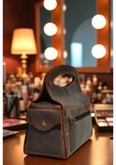 Deri Makyaj Ve Takı Çantası Koyu Kahverengi