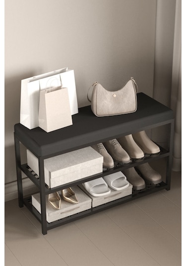 Aju Ayakkabılık Puflu Süngerli Oturaklı Metal Ayakkabı Rafı Modern Vestiyer Baklavalı Metal Tasarım