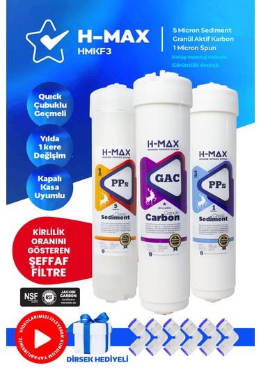 H-max Inline Kapalı Kasa Su Arıtma Cihazı Ilk 3 Filtre Seti 020