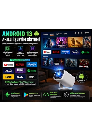 4k Destekli Android 13 Akıllı Projeksiyon Cihazı Wifi 6 Bluetooth 5.4 Full Hd Mini Projektör