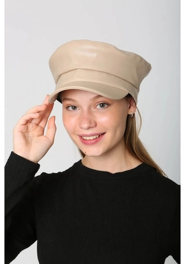 Kadın Deri Kaptan Denizci Şapka Rkş-09 Bej Bej