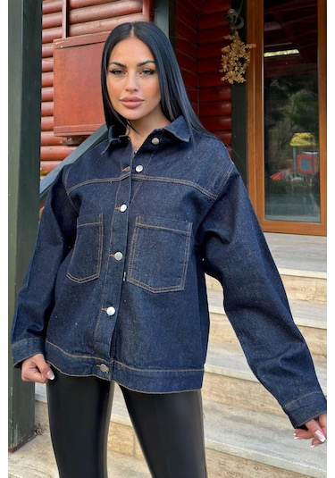 Lacivert Denim Color, Apaş Yaka, Çift Cepli, Kaliteli Jeans Kumaş, Salaş Kot Ceket Lacivert