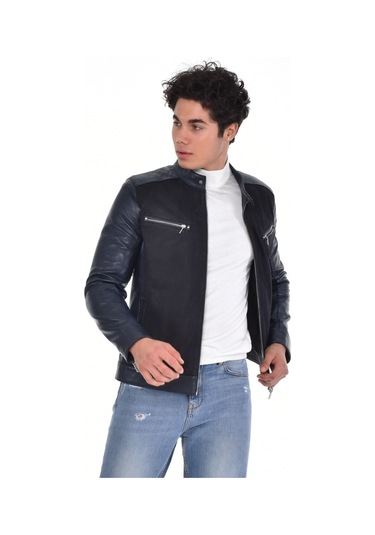 Hakiki Deri Siyah Erkek Deri Mont Önden Kumaş Detaylı Üst Ve Yandan Fermuarlı Deri Ceket Siyah